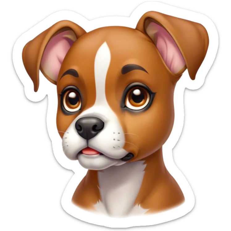 Cinematic Cute Fawn Boxer Portrait Emoji, Head tilted playfully and inquisitively, with a glossy fawn coat highlighted by a white muzzle and chest, round, sparkling brown eyes filled with curiosity, Simplified yet irresistibly adorable features, highly detailed, glowing with a warm, friendly glow, high shine, affectionate and lively, stylized with a touch of whimsy, bright and endearing, soft glowing outline, capturing the essence of a mischievous yet loving pup, so playful it feels like it could bound out of the screen and into your arms! sticker