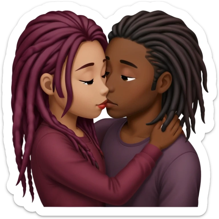 Dark Wine colored hair asian long hair, kissing young black guy with dreads sticker