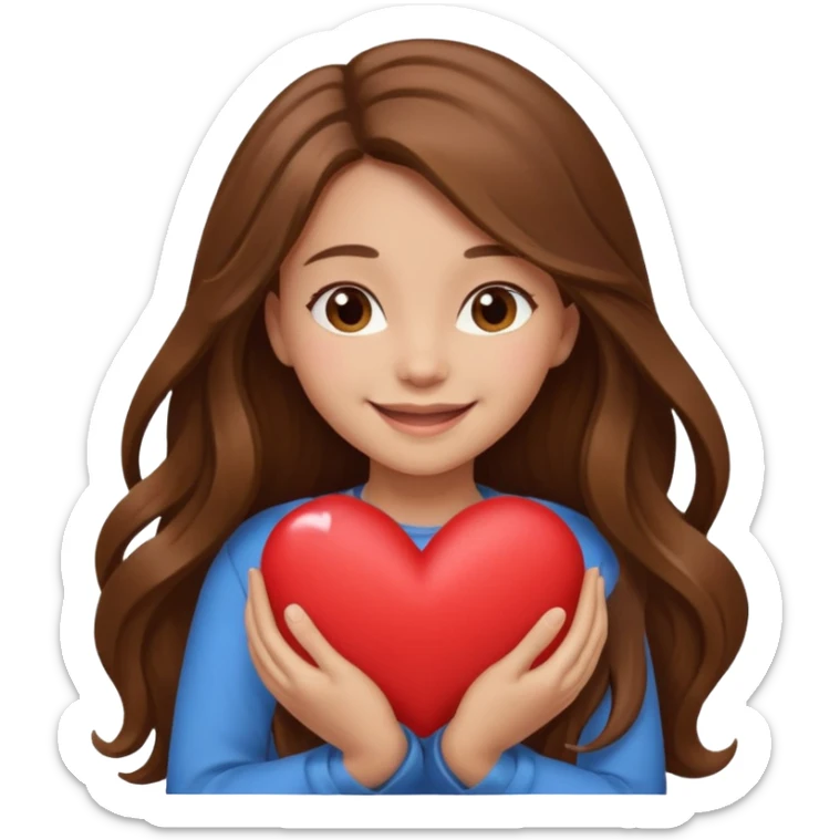 Long Brown hair smiling girl light skin hugging a heart sticker
