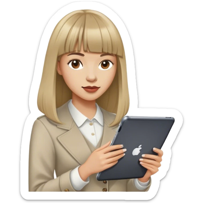 A woman in her late 20s and early 30s. She is an office worker as a content curator, but she looks smart about content. She likes to dress up, so she wears a neat but hip work look and has a good sense of fashion. A woman with long hair with bangs. She is holding an iPad or a MacBook. sticker