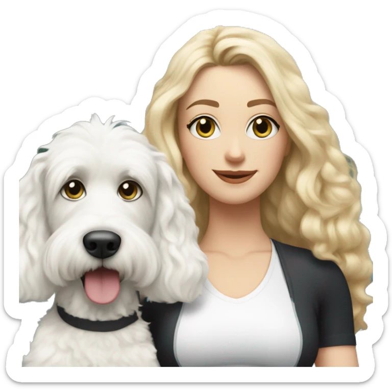 white woman with long blonde hair and cat shaped eyes wearing a yoga outfit standing alongside a black and white colored bernadoodle dog sticker
