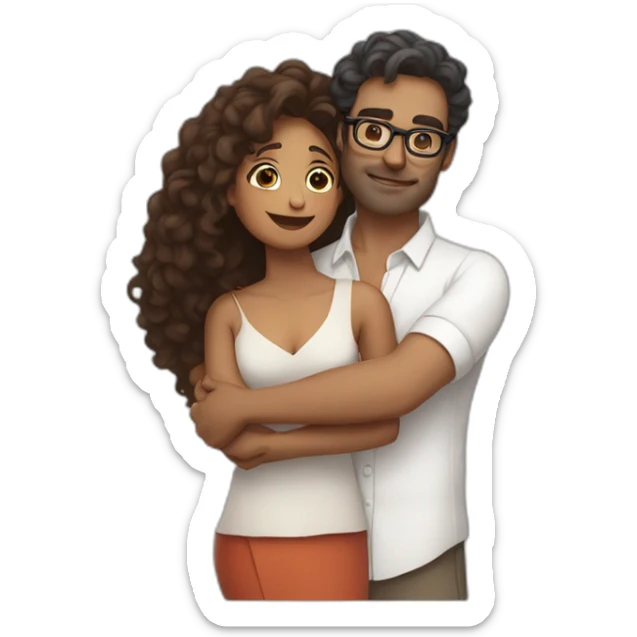 Indian woman with medium curly hair hugging a tall french man wearing glasses and a white shirt sticker