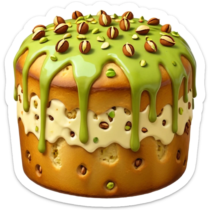 panettone con glassa al pistacchio che scende lungo i bordi e pistacchi come decorazione sticker