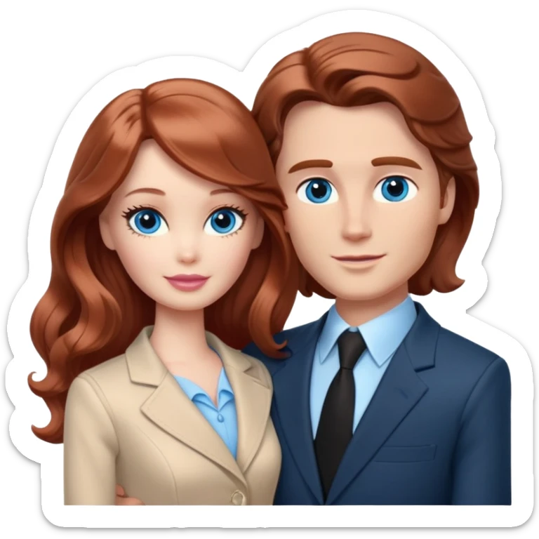 Barbie girl  , eyes blue , Chestnut red long wavy hair In pale beige clothes, Hugs a man with brown hair short haircut, brown eyes , and a black suit sticker