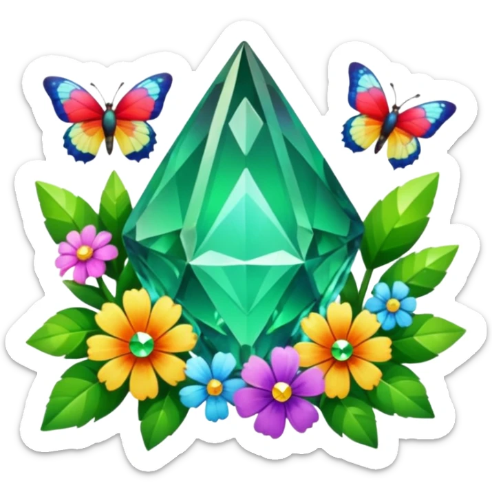 Green Crystal with rune among flowers and butterflies and magic and colourful Crystals sticker