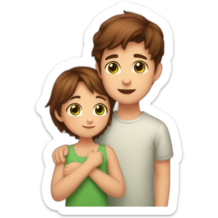 Girl with brown eyes and brown hair kisses boy with brown hair and green eyes and hugs brown fat cats sticker