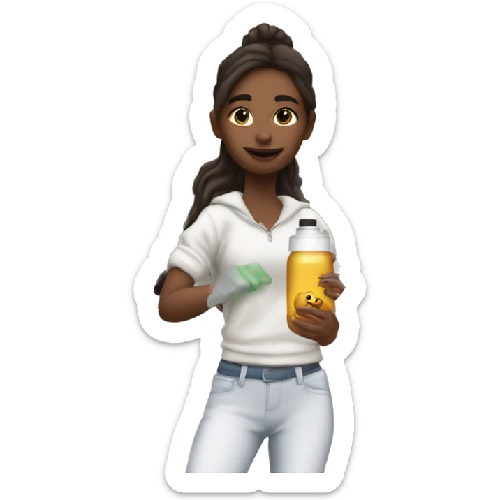 Brunette skinny girl driving a brand new white suv with a vaccine in her hand sticker