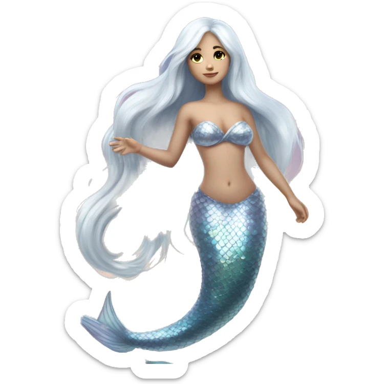 Iridescent silver mermaid tail full body white skin girl long white hair sticker