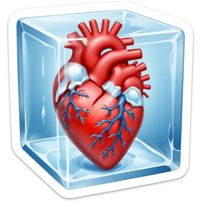 An artistic depiction of a human heart frozen in time, encased in a crystal-clear ice cube, symbolizing emotional coldness and isolation, cinematic lighting, high detail sticker