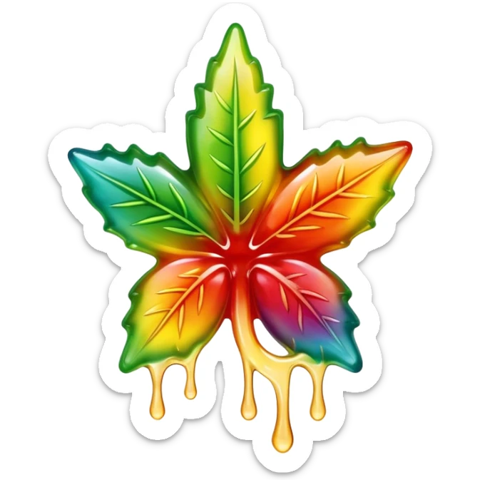 generate an emoji-style image of a juicy gummy shaped like a marijuana flower, make it colorful and with liquid dripping out sticker