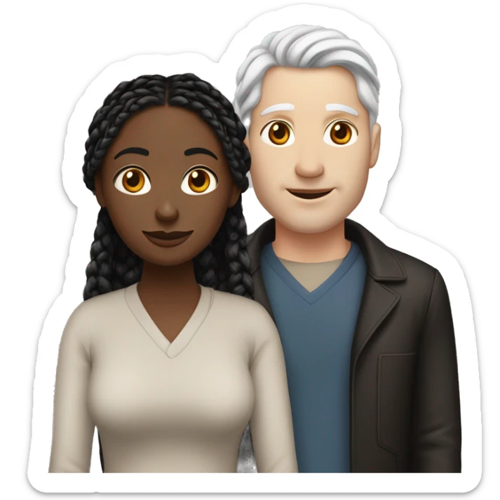 Woman and man couple, in their 40's, woman is medium dark black complexion, her hair is long black twisted braids, man is white skinned white male with reddish hair that's medium length sticker