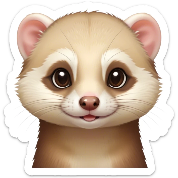 Cinematic Cute Ferret Portrait Emoji, Head tilted playfully, with an elongated, flexible body and a characteristically curious expression, featuring a short, pointed snout, bright, sparkling eyes, and soft fur in warm brown and cream tones, Simplified yet irresistibly adorable features, highly detailed, glowing with a warm, friendly glow, high shine, affectionate and lively, stylized with a touch of whimsical mischief, soft glowing outline, capturing the essence of a fun-loving and mischievous ferret that feels like it could scamper straight into your heart! sticker