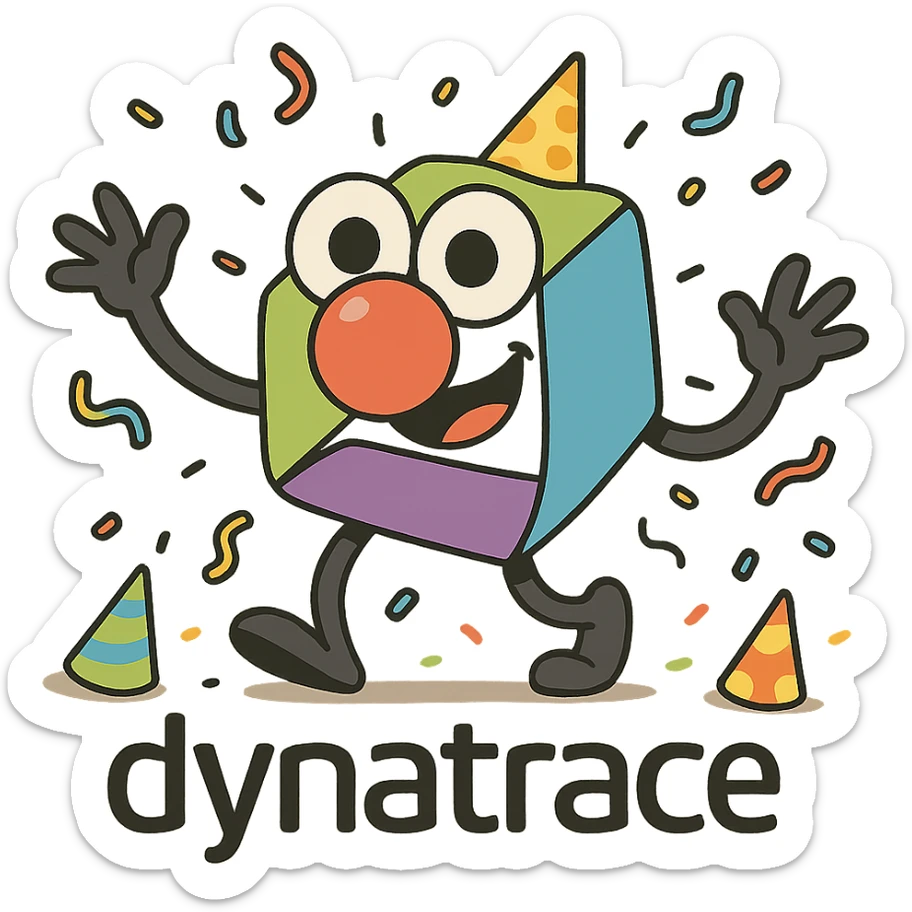 Dynatrace logo with googly eyes and a giant clown nose, surrounded by confetti and party hats sticker