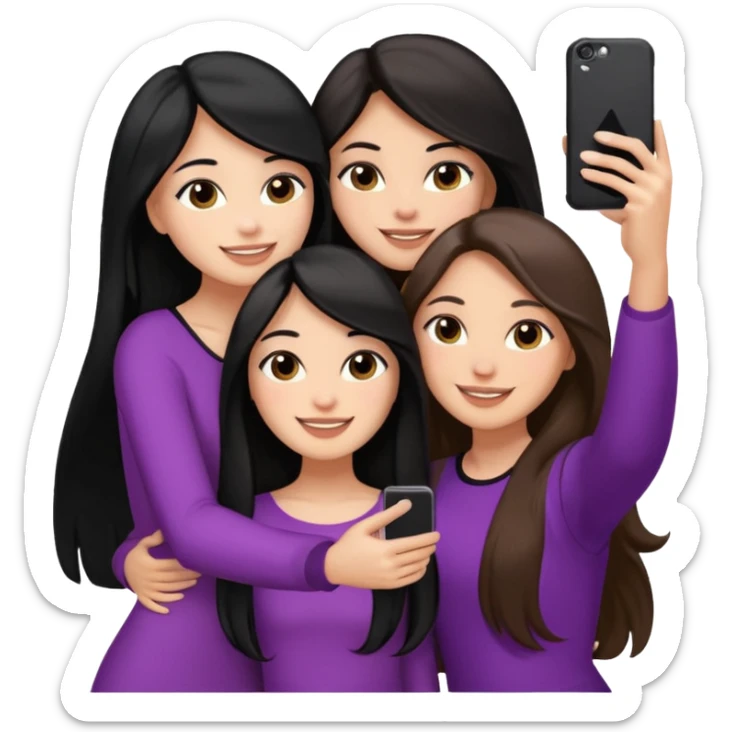 3 girl friends, one with black long hair light skin. one with brown hair long and the last girl one with black with brown medium length hair. Glammed up and hugging  and one talking a selfie and all of them smiling and looking girly all same skin tone  sticker