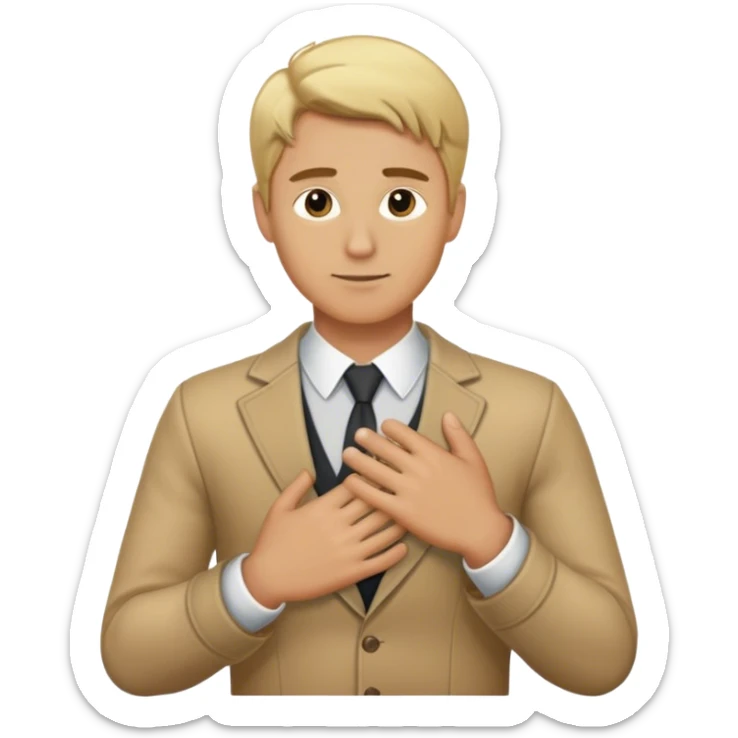 a blonde man wearing outfits put his one hand to the left of his chest sticker