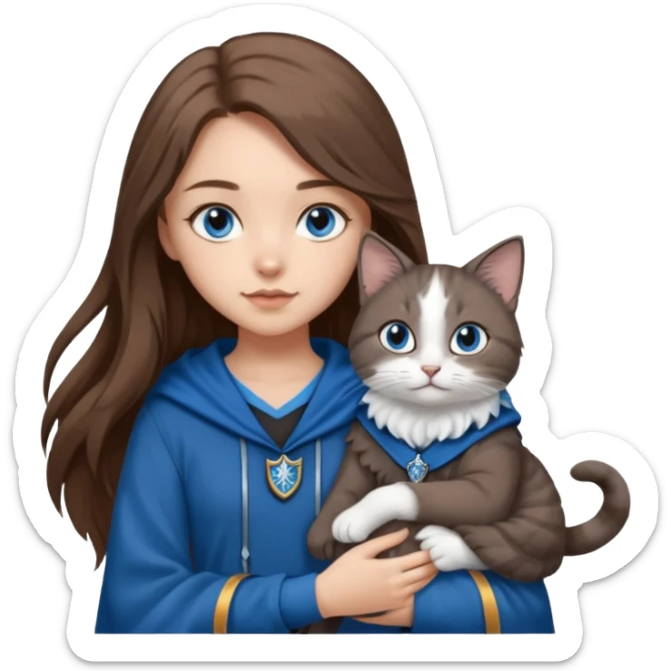 gorgeous Girl with light skin, blue eyes, long brown hair, wears a ravenclaw outfit, with a grey and white cat holding in her arms sticker