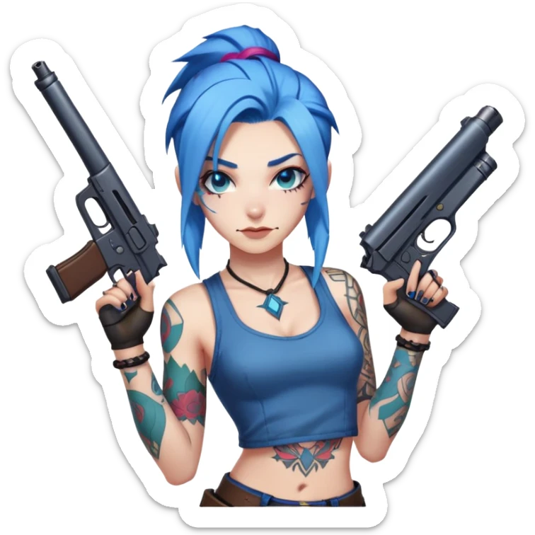 Jinx from League of Legends with blue hair and tattoos, holding guns sticker