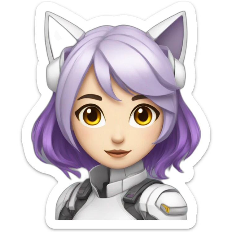 Anime mech pilot girl with short straight purple hair grey eyes white pilot suit and cat ears sticker