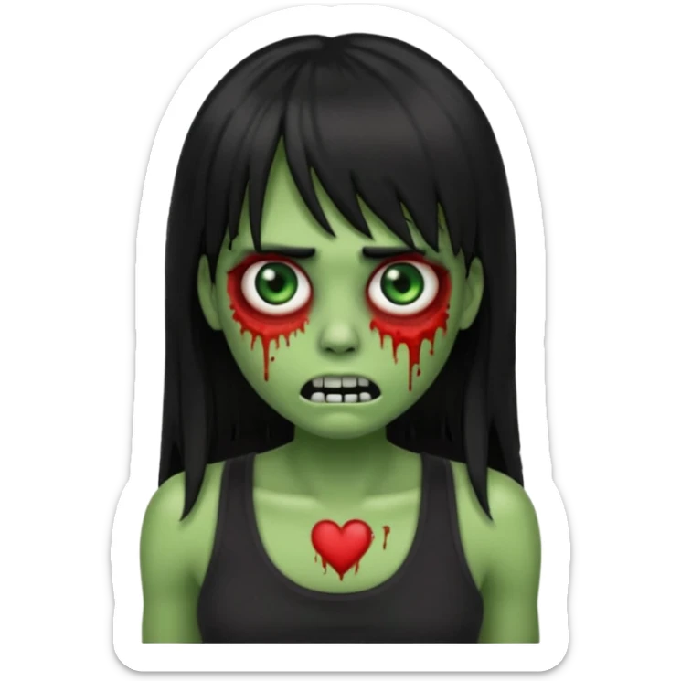 Zombie emoji with long hair black and bangs, with green skin, big red eyes, small nose, and a simple black tank top.  sticker