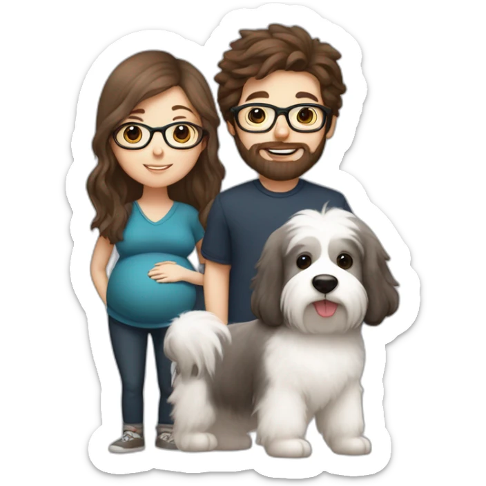 Pregnant girl with half long brown hair with glasses, a boy with long beard, glasses and short hair and english sheepdog sticker