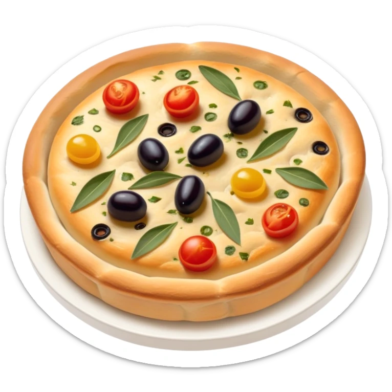 cinematic-realistic-isometric focaccia-bread-dish-emoji,-depicted-as-a-golden,-olive-oil-brushed-flatbread-sprinkled-with-herbs-rendered-with-lifelike-texture-and-soft,-appetizing-lighting showing olives on top and the cherry tomatoes sticker