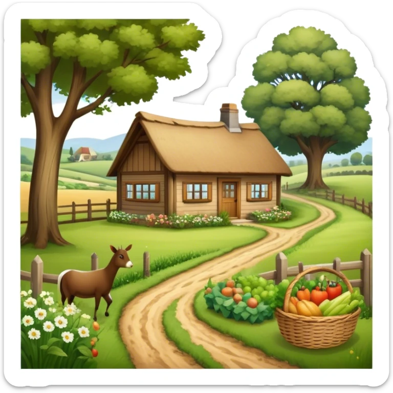 Icon for Rural Tourism: a peaceful countryside scene with a wooden cottage, a dirt path, grazing animals, and a basket of fresh produce. The icon should represent the tranquility and charm of rural life. Transparent background. sticker