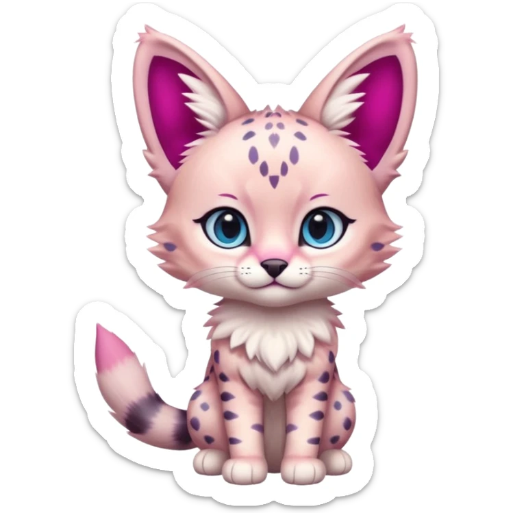 Whitish pastel-rosy-pink chibi cute elegant furry kawaii Serval, with magenta markings, and with big blue eyes,  sticker
