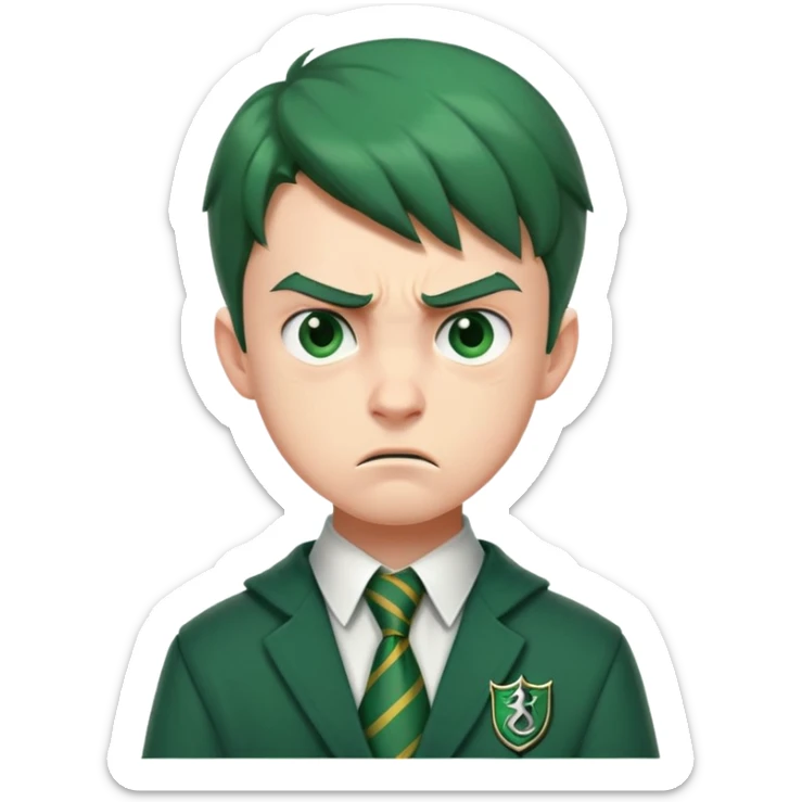 Upset angry teenage boy with scowling face wearing green Slytherin Hogwarts uniform and tie sticker
