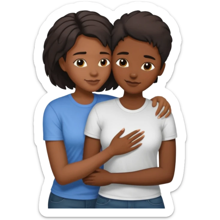 Black lesbian couple with one dark skin masculine with short hair low cut fade with a t shirt and one feminine with long hair in a blouse hugging  sticker