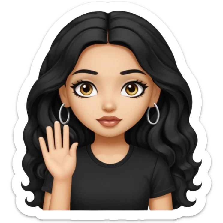 a pretty FAIR indian bratz girl with wavy long black hair, wearing a black tshirt, eyeliner on sticker