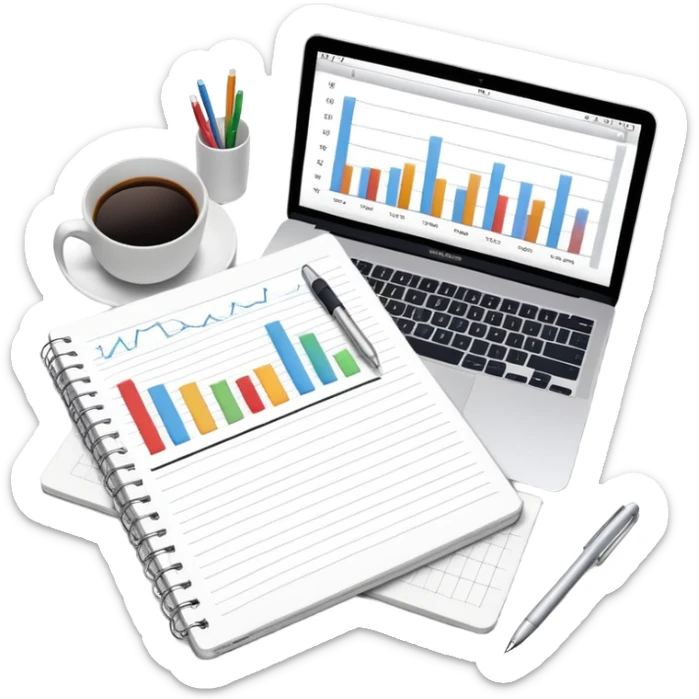 top view of a MacBook and a notebook with a pen nearby, notebook pages filled with handwritten bar charts sticker