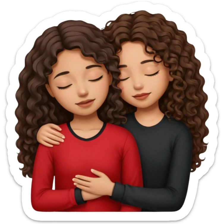 Mexican girl with her eyes closed with long wavy hair, brown skin wearing a black and red shirt facing towards a girl with 10 skin with medium length, curly wavy brunette hair and she’s shorter than the other girl also with her eyes closed basing towards the Mexican girl, hugging ￼ sticker