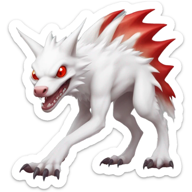 White edgy cute epic albino sergal-vernid-Fakémon with red mane and red eyes, full body sticker