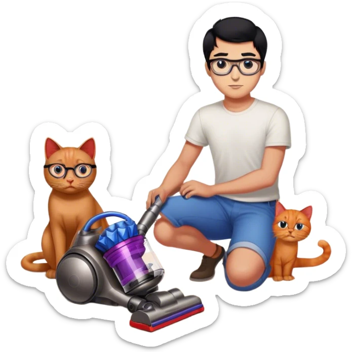 Dyson used by a man with black hair, blue eyes with glasses and 2 red cats on the floor sticker