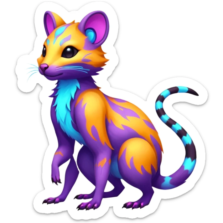 Neon-colored fantasy feline-rodent-marsupial-critter-vernid-protogen-primagen-fursona animal creature full body with intricate markings  sticker