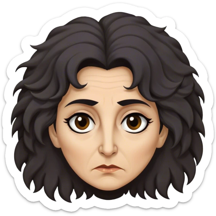 Mirri Maz Duur is a weathered, age 50 woman with deep-set dark eyes, high cheekbones, and a sharp nose, giving her a stern, knowing expression. Her long, unkempt dark frizzy hair  falls loosely over her shoulders sticker