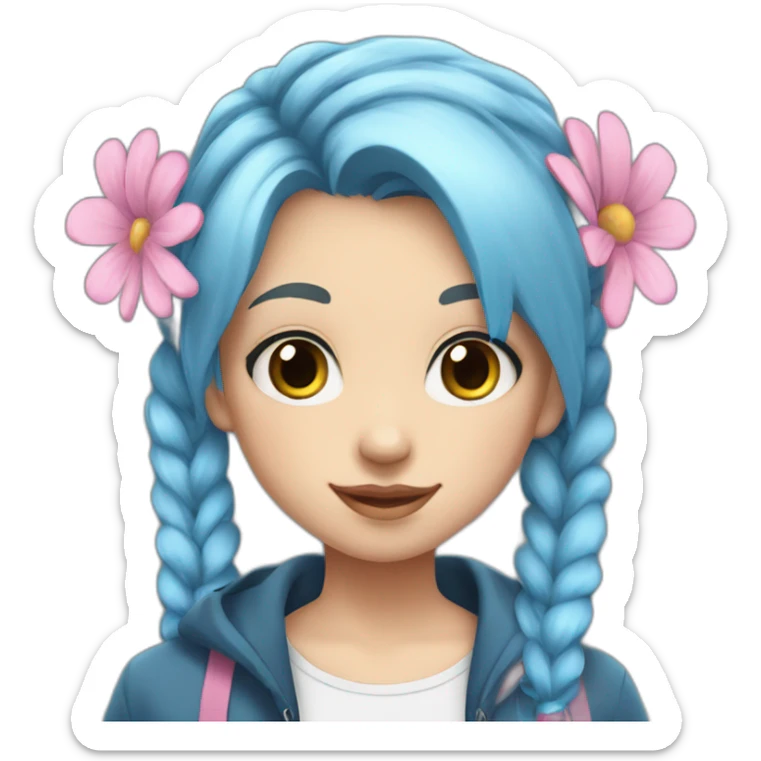 Girl teenager with blue hair and two pigtails. She has blue eyes. She is wearing a white shirt with pink flowers on the shirt , and a blue jacket. sticker