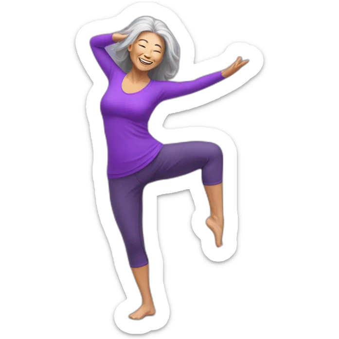 long hair asian senior woman in sexy purple yoga clothes dancing zumba sticker