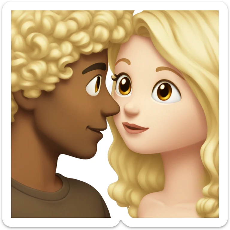 A blonde girl with pale skin kisses a light-skinned brown guy with curly black hair sticker