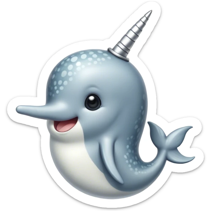 Cinematic Noble Cute Narwhal Portrait Emoji, Poised and graceful, with a streamlined, gently curved body clad in mottled, silvery-gray skin, accented by a long, spiraled ivory tusk and wide, expressive eyes radiating playful intelligence, Simplified yet sharp and sophisticated features, highly detailed, glowing with a cool, frosted ocean glow, high shine, intelligent and enigmatic, stylized with an air of whimsical marine majesty, focused and graceful, soft glowing outline, capturing the essence of a watchful and confident cute narwhal that appears ready to glide out of the screen with effortless charm! sticker