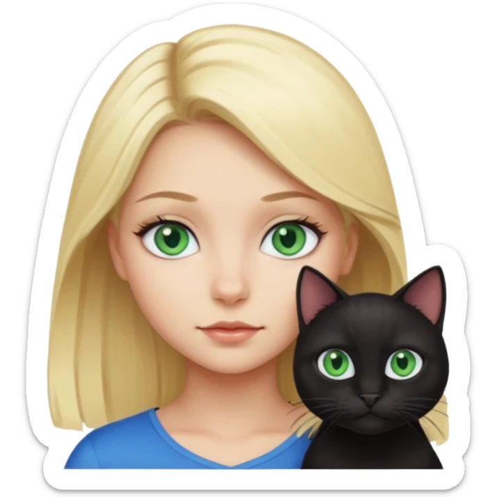 girl with blonde hair and blue eyes with a black cat with green eyes   sticker