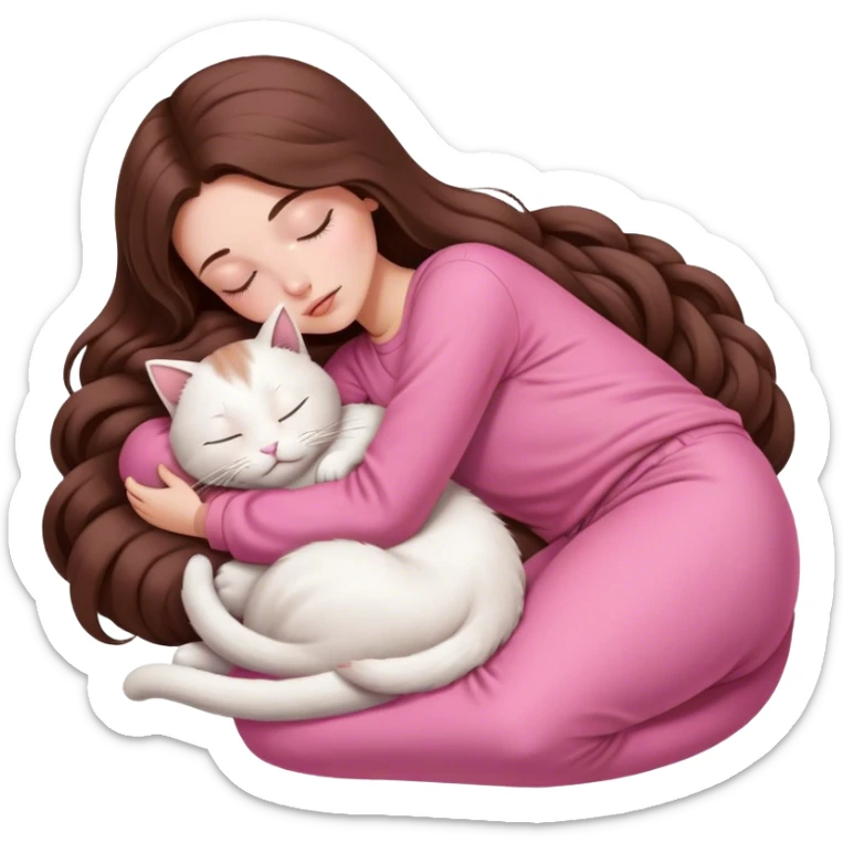 A pretty white girl with very long brown hair and pink clothing sleeping curled up to a white cat  sticker