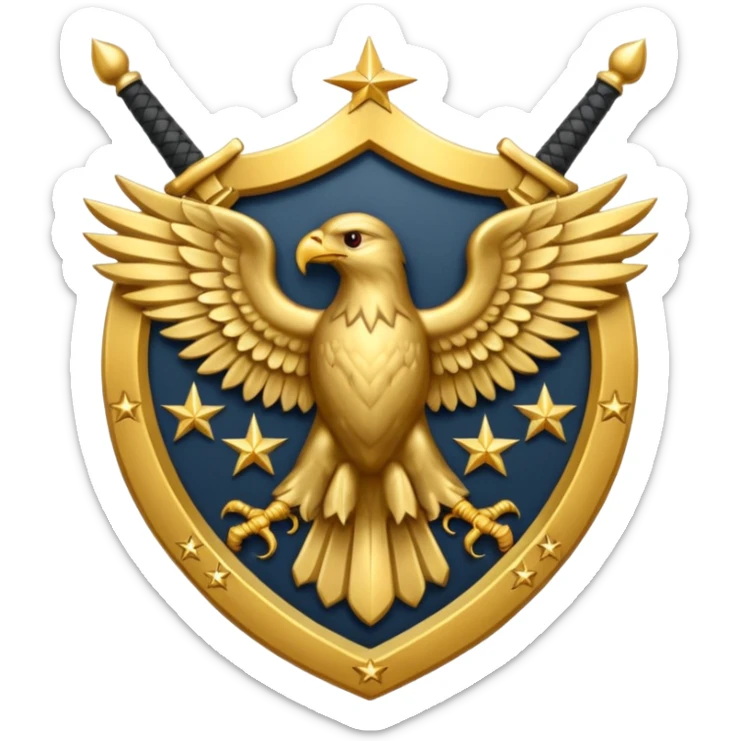 Insignia militar realista para videojuegos de guerra (estilo Delta Force), forma de escudo metálico con bordes desgastados. Incluye:

Símbolo: [fusiles cruzados / águila / estrellas / espada] sticker