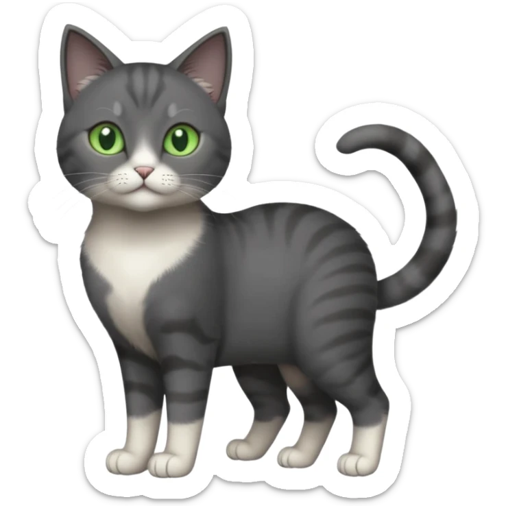 full body view of beautiful female solid dark grey cat with green eyes, white toes/paws and white patch on her chest sticker