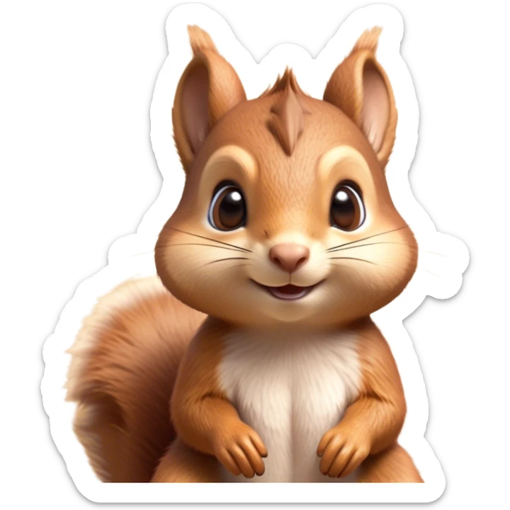 Cinematic Adorably Cute Squirrel Portrait Emoji, Perched with an alert, twinkling gaze and a playful tilt of its head, showcasing a small, nimble body with a bushy tail and delicate whiskers, Simplified yet irresistibly adorable features, highly detailed, glowing with a warm, sunlit glow, high shine, energetic and sprightly, stylized with an air of woodland whimsy, soft glowing outline, capturing the essence of a joyful squirrel that appears ready to scamper out of the screen with boundless charm! sticker