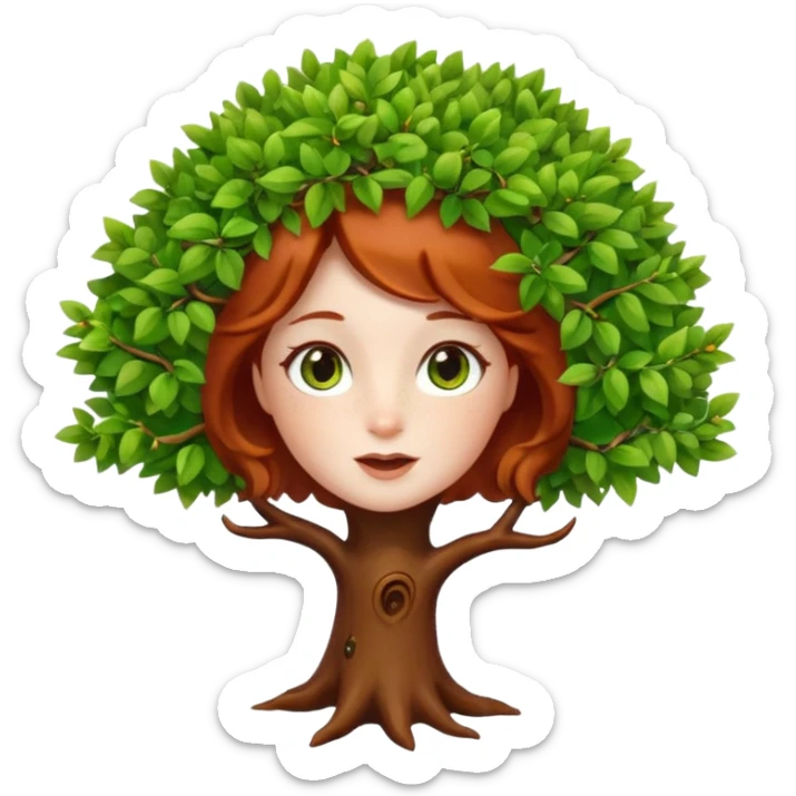 Un petit sapin vert sylvestre, féminin, regard malicieux, tâches de rousseurs délicates, joues roses. Yeux de biche brillants en forme amande, yeux couleur ambre, tronc couleur acajou. Sapin en mouvement, incurvé pour un effet vivant. Style memoji. sticker