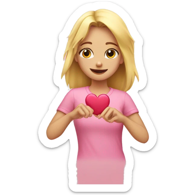 Blond girl in pink shirt making a heart with her hands sticker