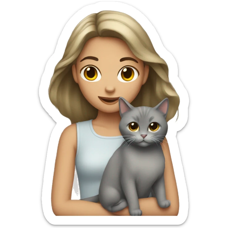 Girl with dark blonde hair holding furry grey cat sticker