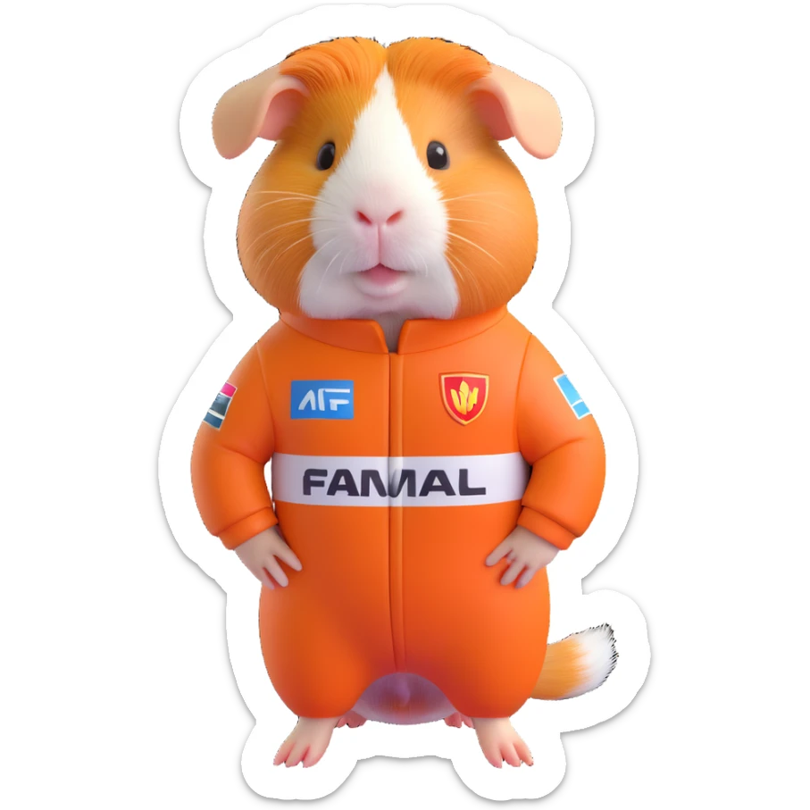 full-body cute guinea pig wearing a detailed Formula 1 racing suit, no helmet, standing pose sticker