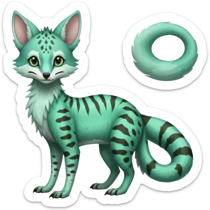 Feral Rare Fantasy minty-cyan pastel-seafoam-green Hunter-forest-green  Vernid-Sergal-Genet-Trico-species by LiLaiRa, random markings, tufted tail, tufted ears, full body sticker